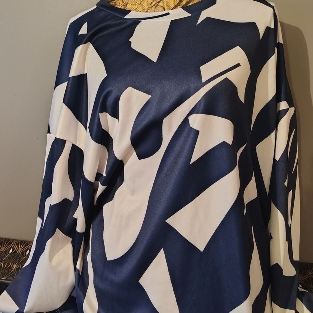 ChicMe Navy Blue White Geometric Abstract Print Long Sleeve Blouse Top 4XL